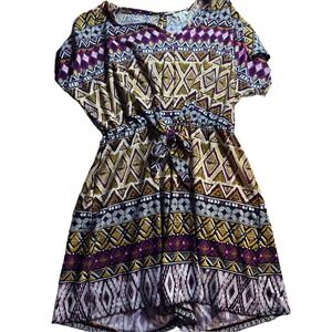 Est. 1946 Romper Small S Purple Yellow Geometric Tribal Print V-Neck Tie Waist